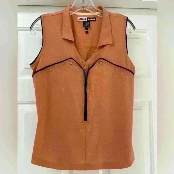 Jamie Sadock modern style tank Orange w/ shimmery dots button and zipper detail - Picture 3 of 8